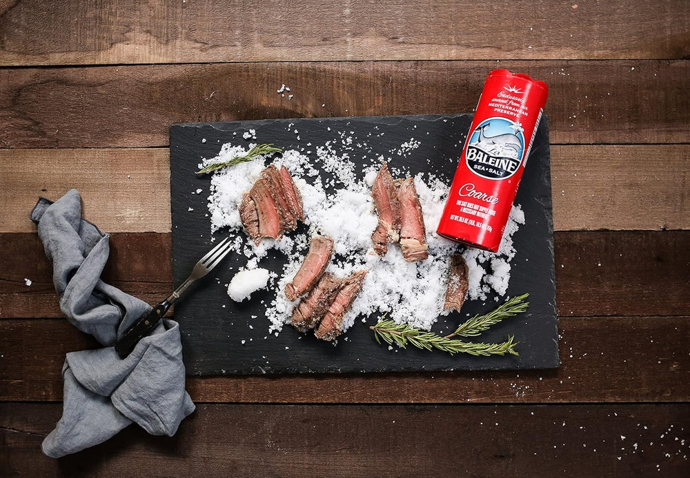 La Baleine salt crystals on meat for robust seasoning and brining