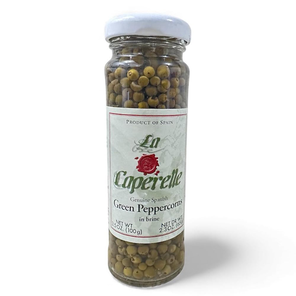 La Caperelle green peppercorns in brine jar closeup reveals vibrant aroma and premium quality.
