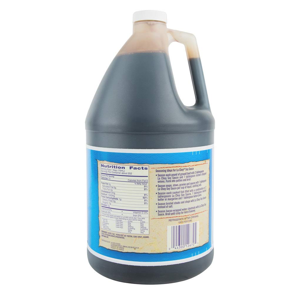 La Choy soy sauce being poured from the bottle, for quick flavor boost.