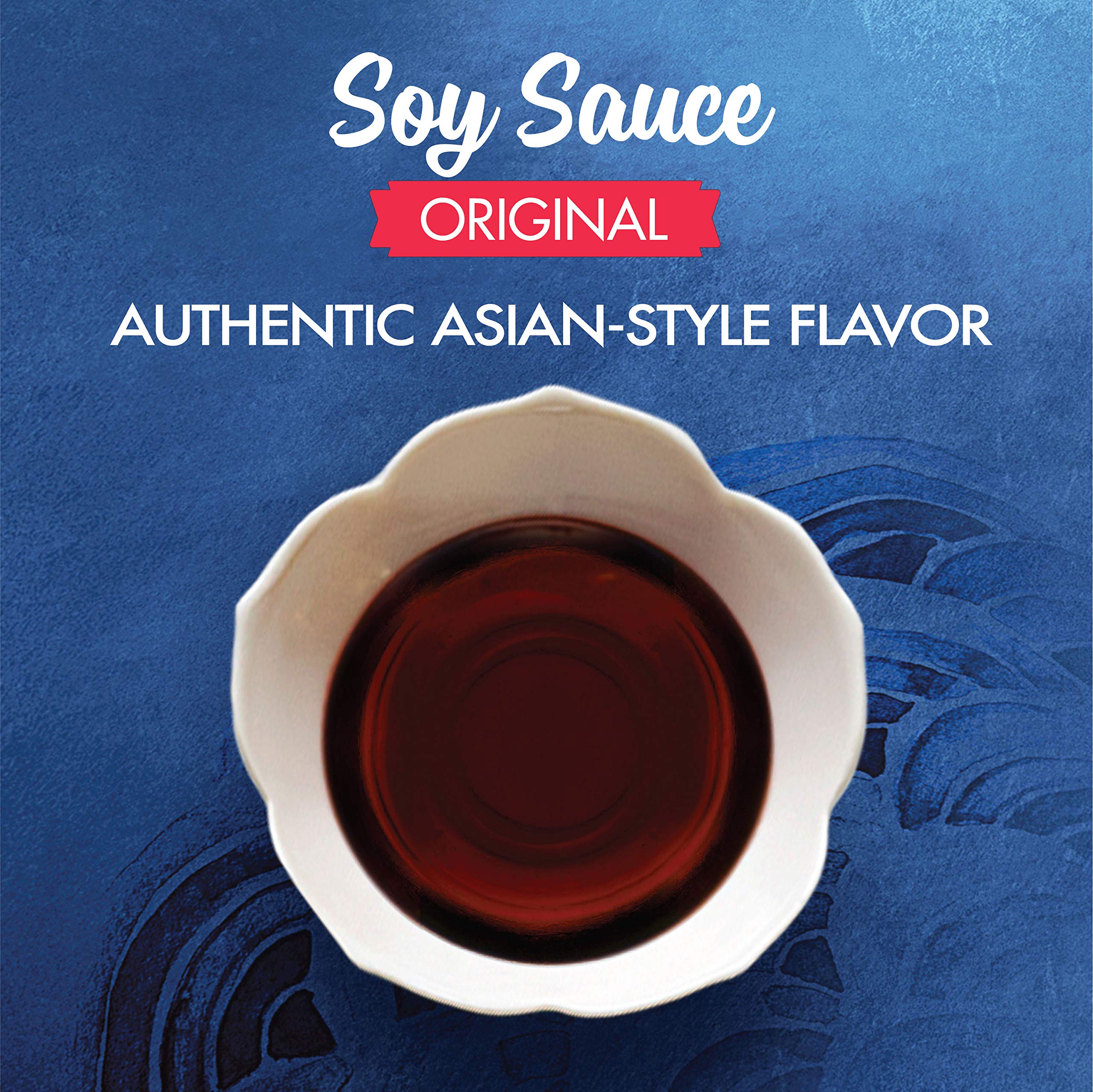 Close-up of La Choy Soy Sauce label with per-serving calories.
