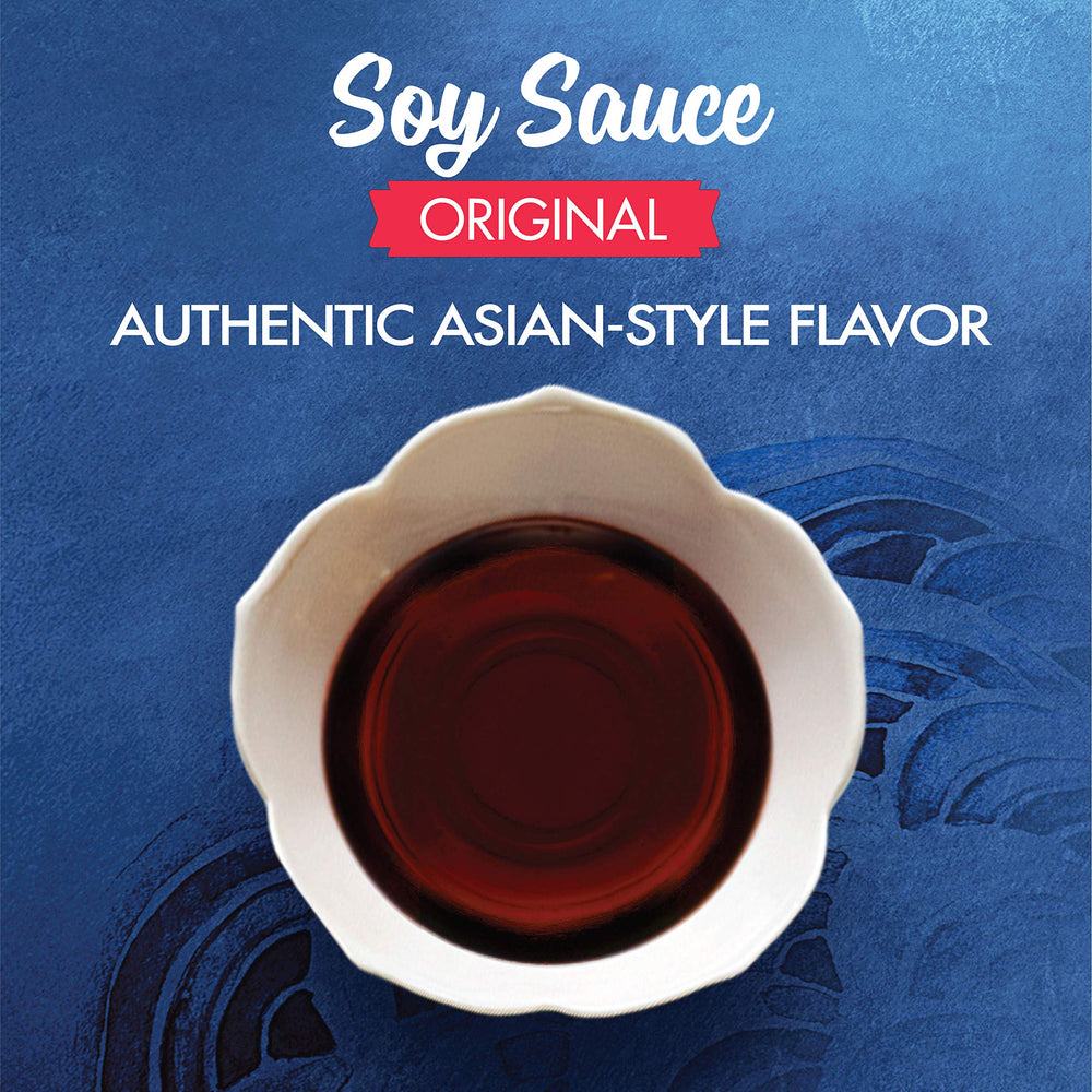 Close-up of La Choy Soy Sauce label with per-serving calories.