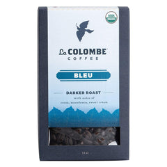 La Colombe Bleu organic dark roast coffee bag ready for grinding at home.