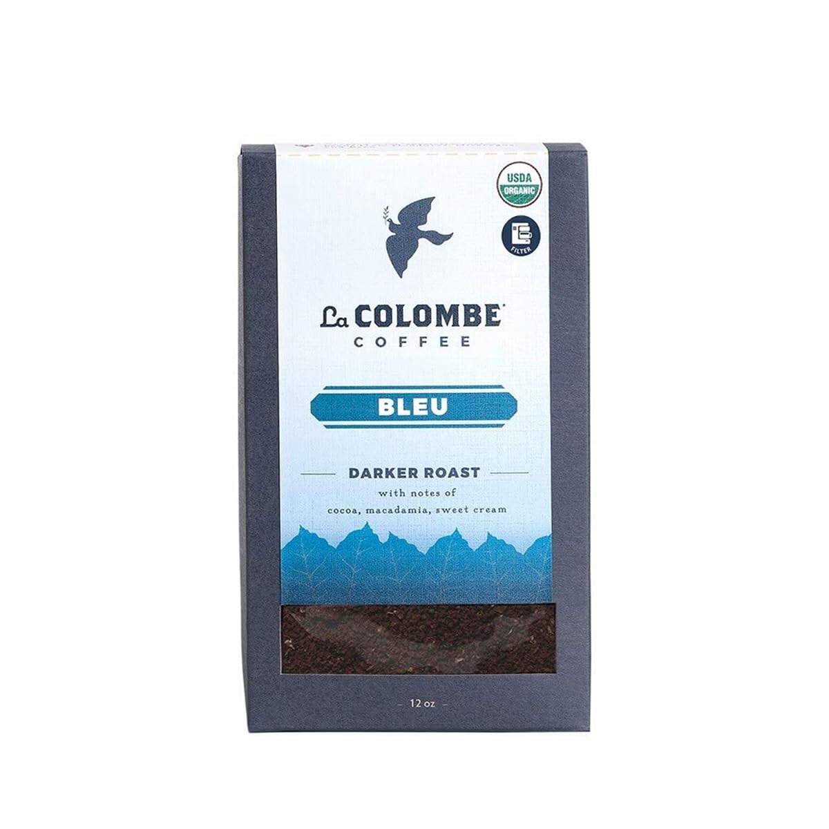 La Colombe Bleu organic dark roast coffee box highlights cocoa notes for a rich start.