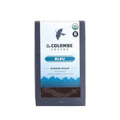 La Colombe Bleu organic dark roast coffee box highlights cocoa notes for a rich start.