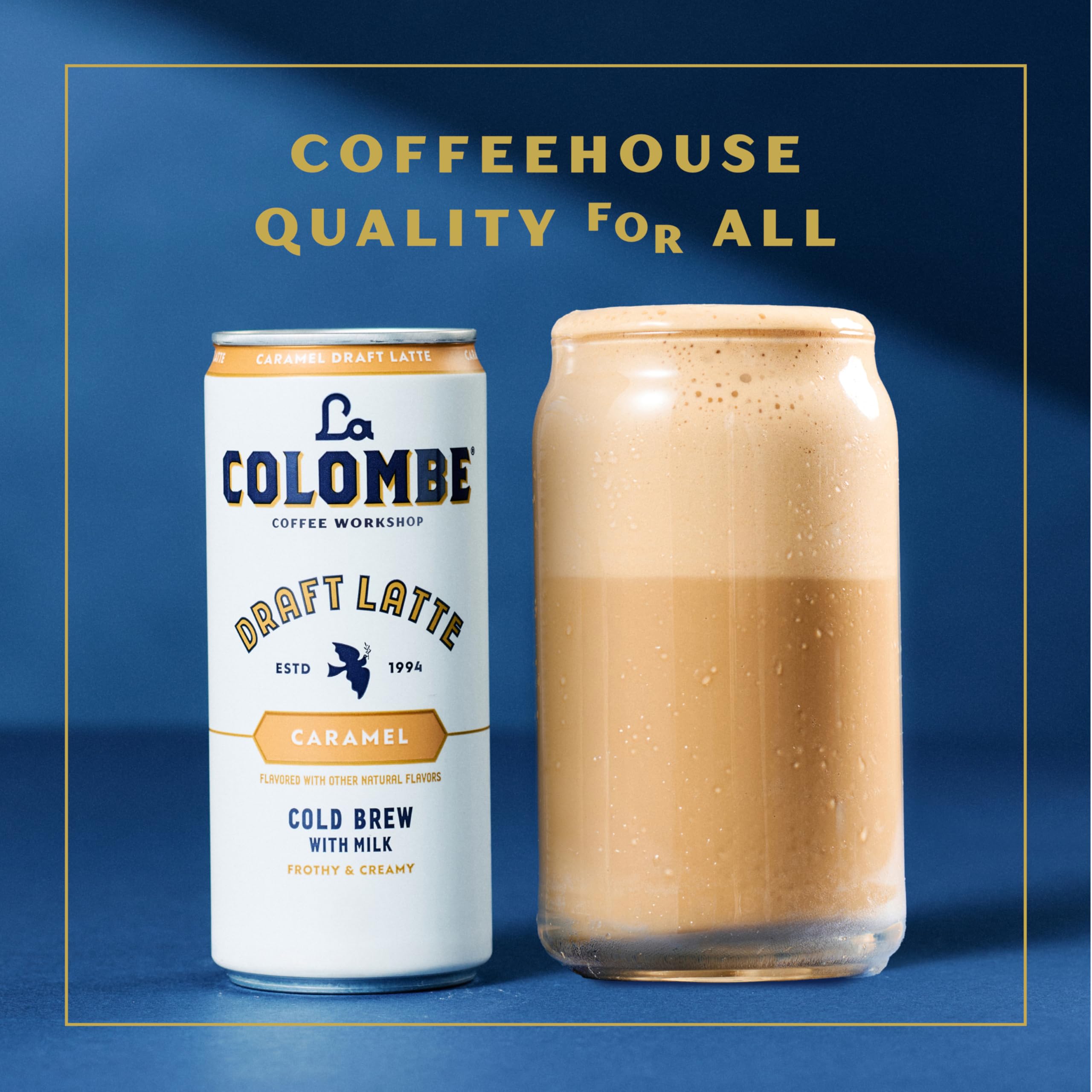 La Colombe caramel latte glass shot emphasizes real cold brew flavor.