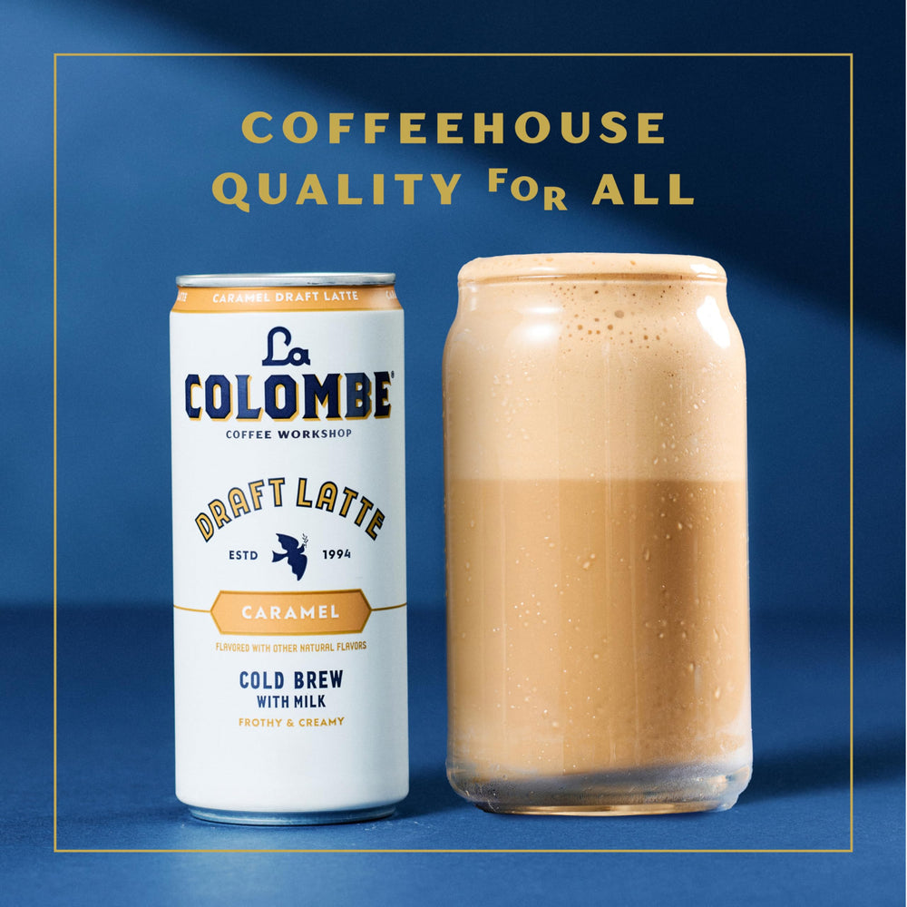 La Colombe caramel latte glass shot emphasizes real cold brew flavor.
