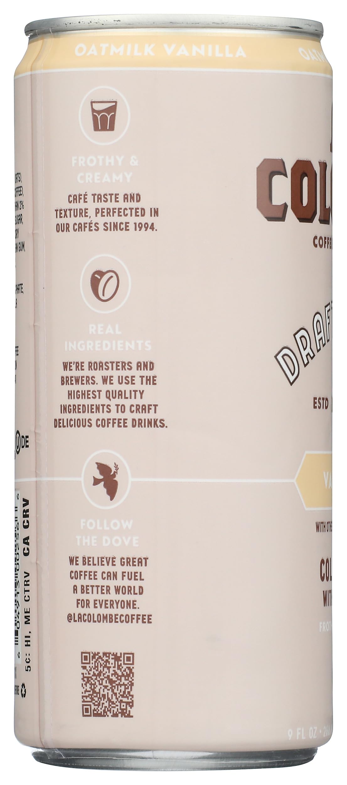 Dairy-free icon on La Colombe Coffee Latte Oatmlk Vnla packaging