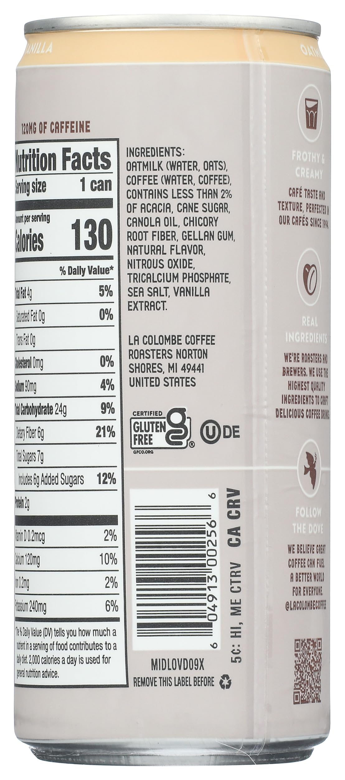 Close-up of foamy top on La Colombe Coffee Latte Oatmlk Vnla
