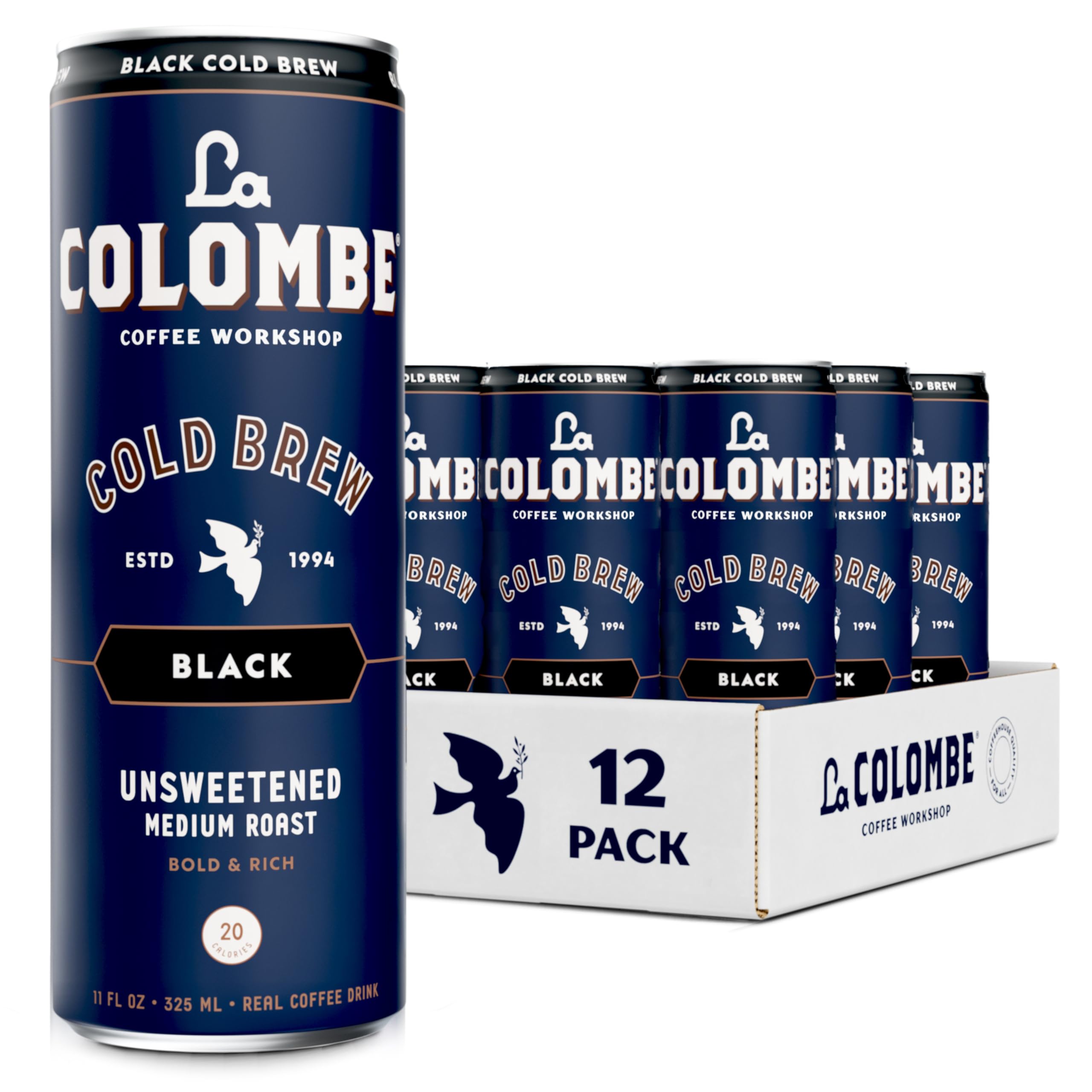 La Colombe cold brew black unsweetened 11oz can front view for on-the-go refreshment.