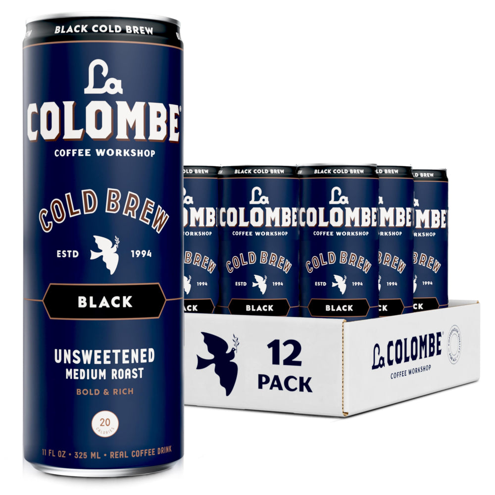 La Colombe cold brew black unsweetened 11oz can front view for on-the-go refreshment.