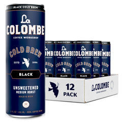 La Colombe cold brew black unsweetened 11oz can front view for on-the-go refreshment.