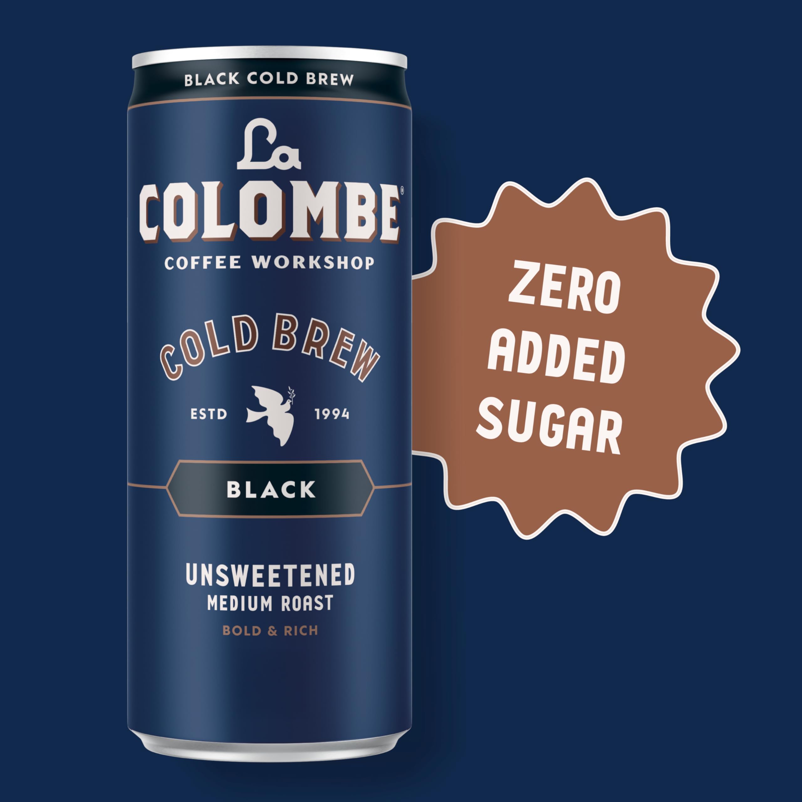 12-pack display of La Colombe cold brew unsweetened on a store shelf.