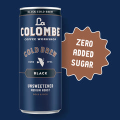 12-pack display of La Colombe cold brew unsweetened on a store shelf.