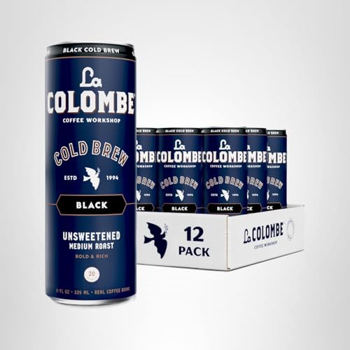 Store shelf featuring La Colombe cold brew unsweetened 12-pack display.