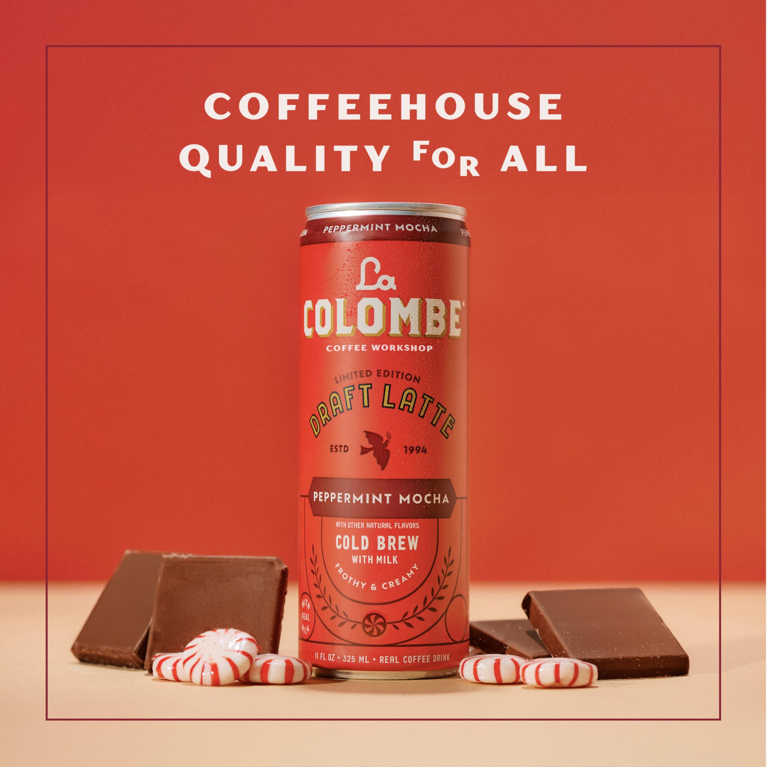 La Colombe dark chocolate streaks scene suggests rich taste.