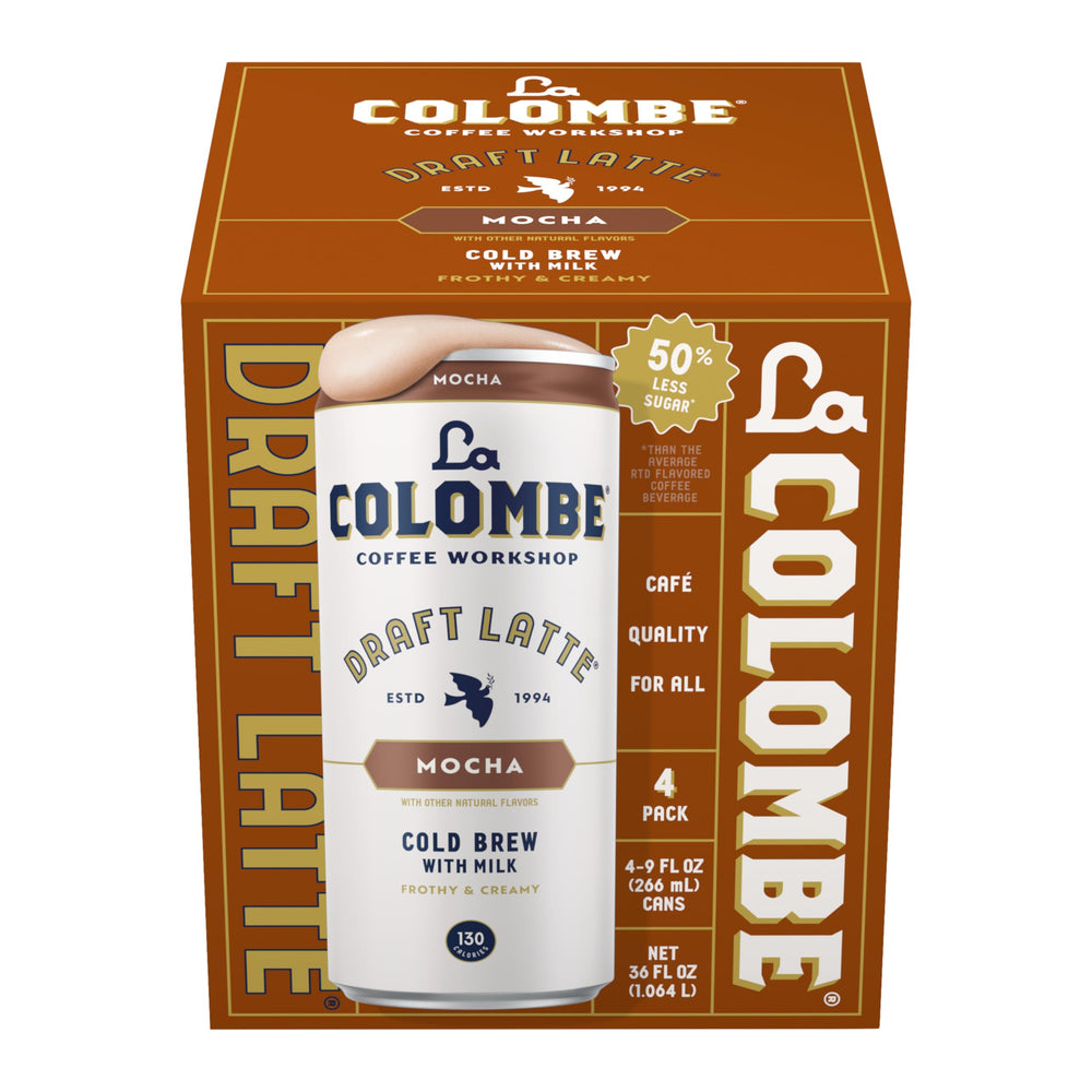 La Colombe Mocha Draft Latte can close-up, a ready-to-drink treat for busy mornings.