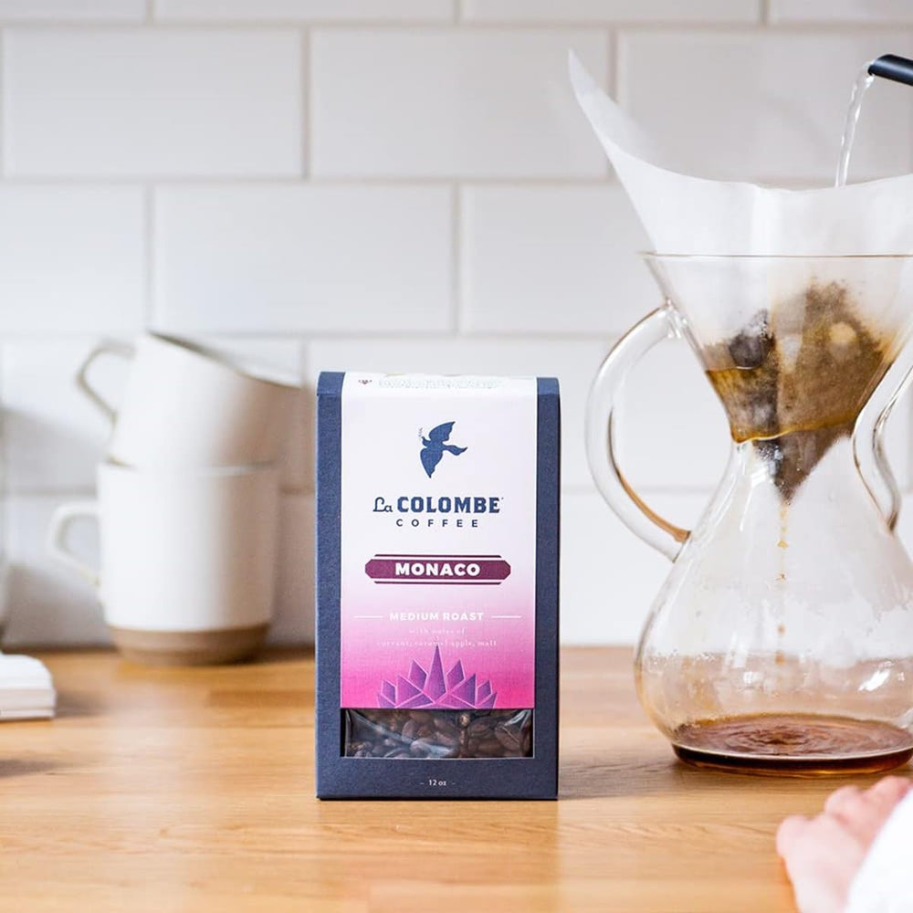 La Colombe Monaco bag label detail highlighting milk chocolate and black cherry notes