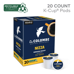 La Colombe Nizza box shows recyclable pods and Keurig compatibility for easy brewing.