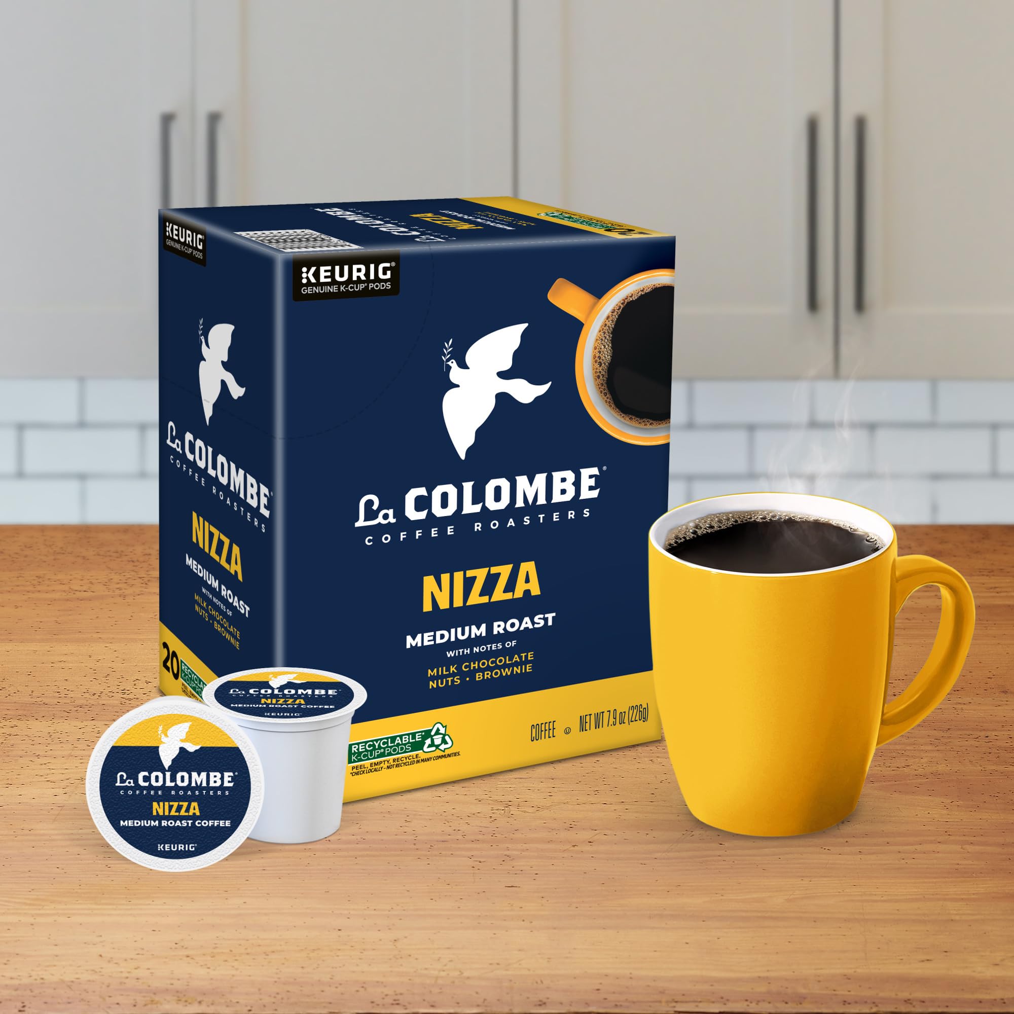 La Colombe Nizza pod in Keurig machine during brew cycle.