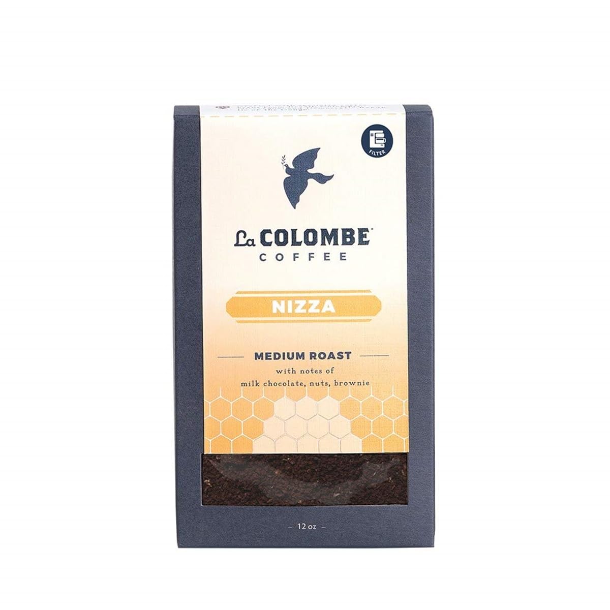 La Colombe Nizza packaging front highlighting sustainable sourcing and honey-sweet flavor.