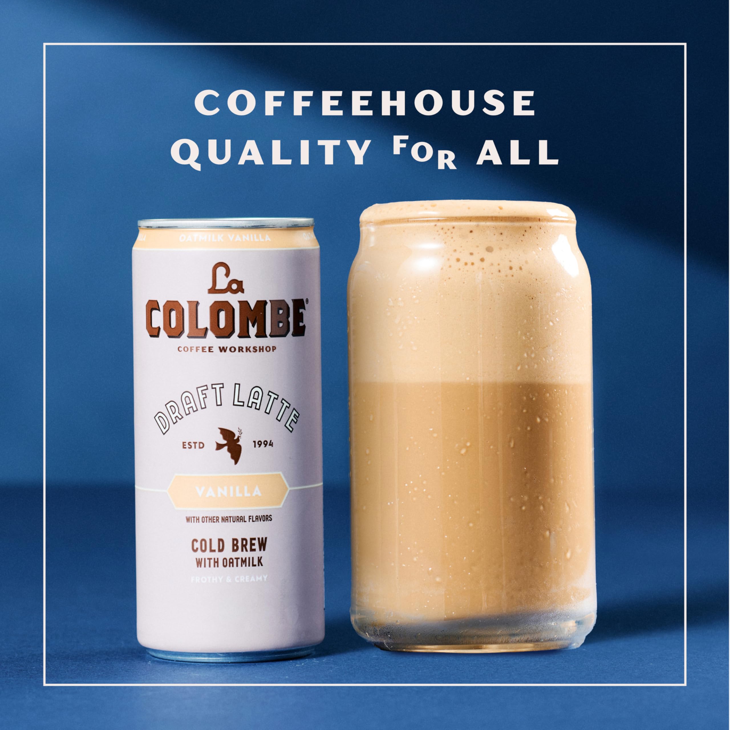 La Colombe Oatmilk Vanilla Latte on-the-go can, chilled for quick refreshment