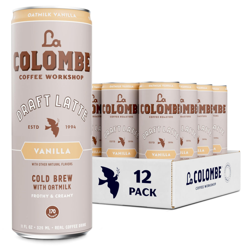 La Colombe Oatmilk Vanilla Latte can foam, showcasing dairy-free froth for on-the-go
