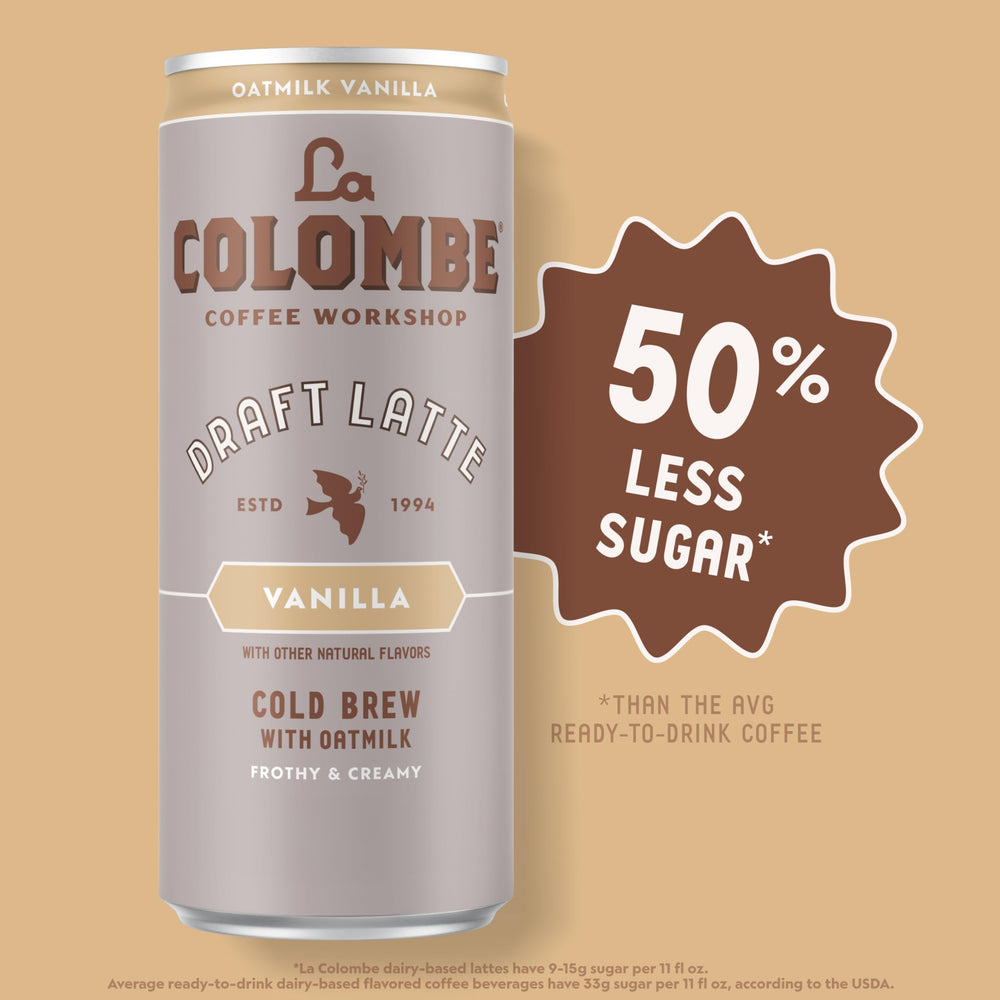 La Colombe Vanilla Latte can on table, ready-to-drink dairy-free treat
