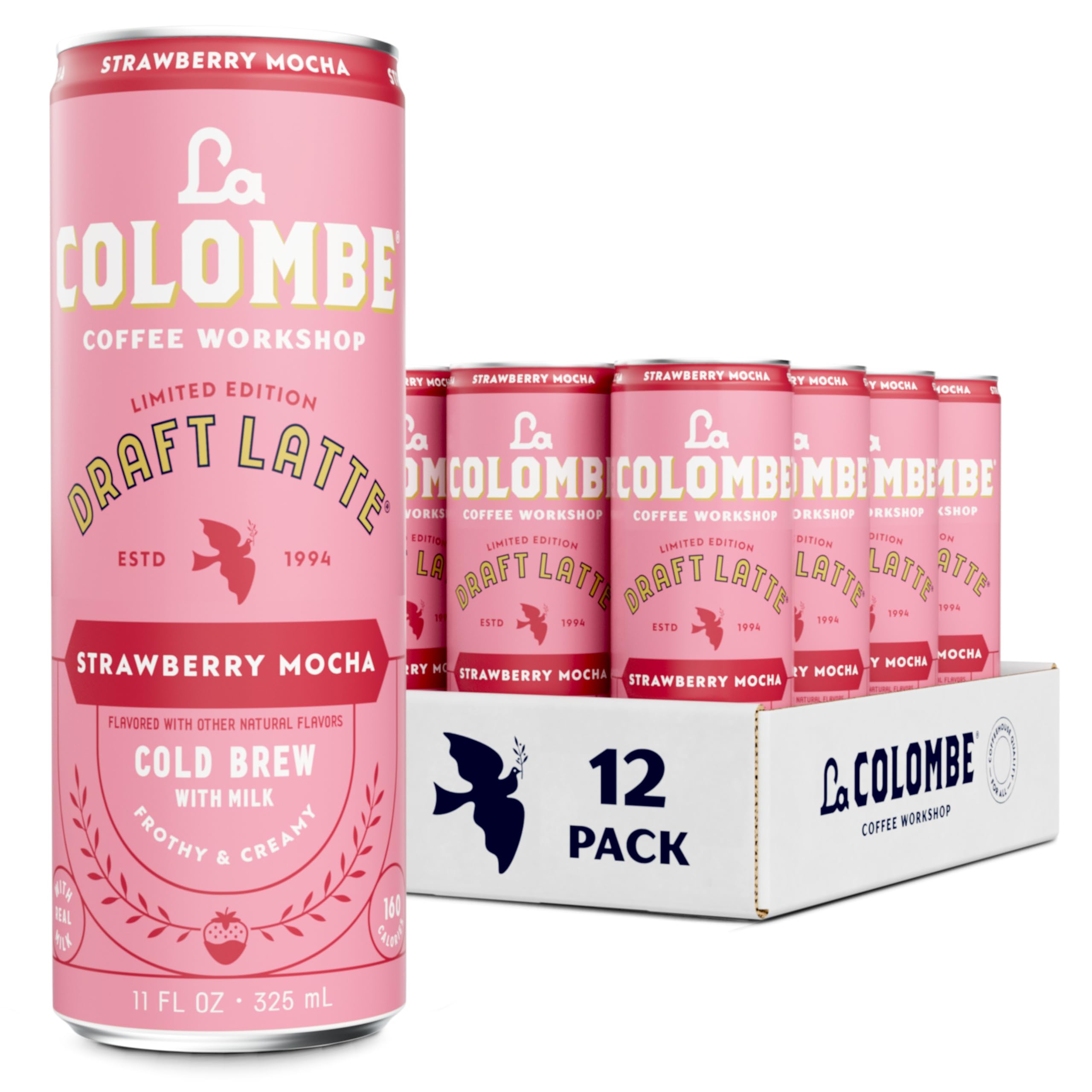 La Colombe Strawberry Mocha Draft Latte cans grouped for quick refreshment.