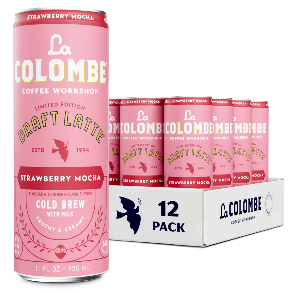 La Colombe Strawberry Mocha Draft Latte cans grouped for quick refreshment.