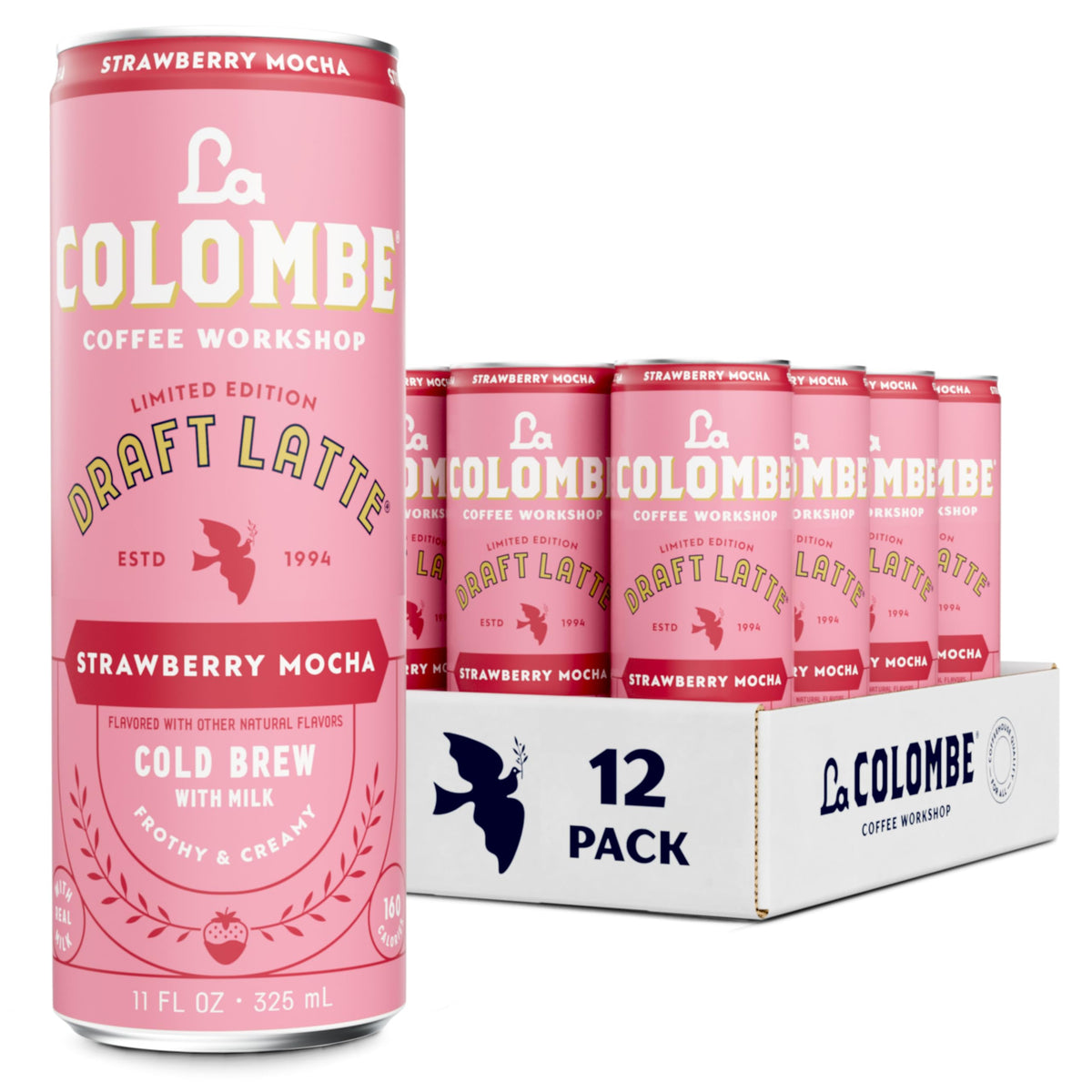 La Colombe Strawberry Mocha Draft Latte cans grouped for quick refreshment.