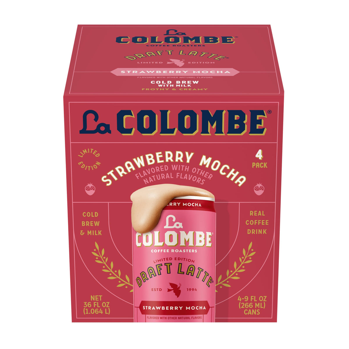 La Colombe Strawberry Mocha Draft Latte can front, ready for a refreshing cafe-style treat