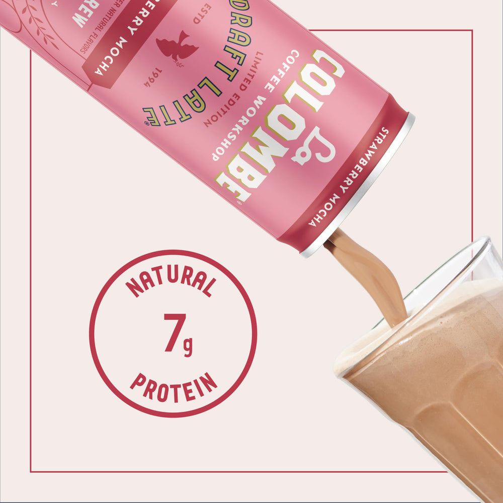 Pouring Strawberry Mocha Draft Latte into a glass reveals smooth texture.