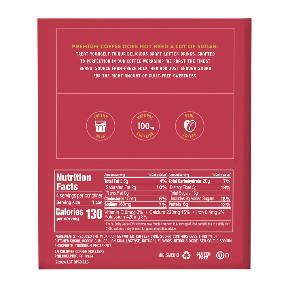 La Colombe strawberry mocha can side view, convenient 4-pack packaging