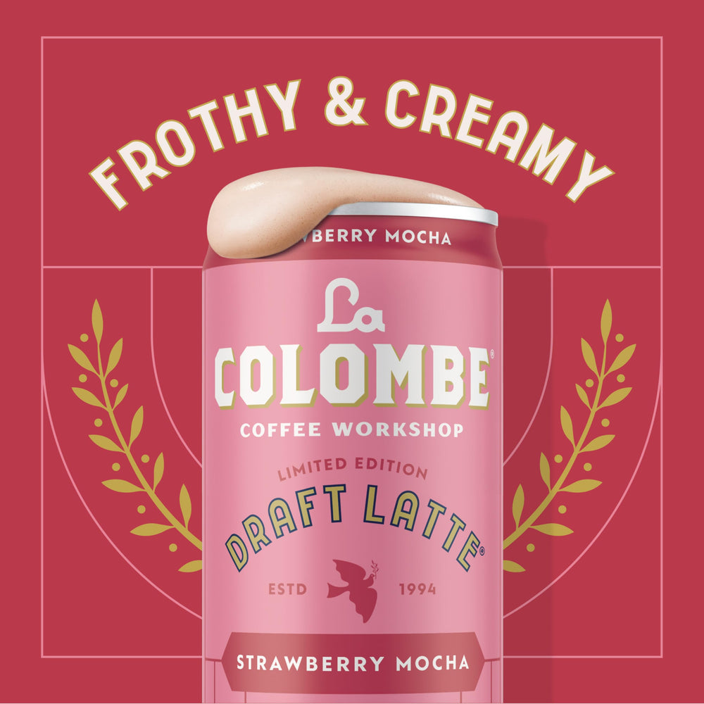 Cafe latte with strawberry and cocoa swirls in a La Colombe can.