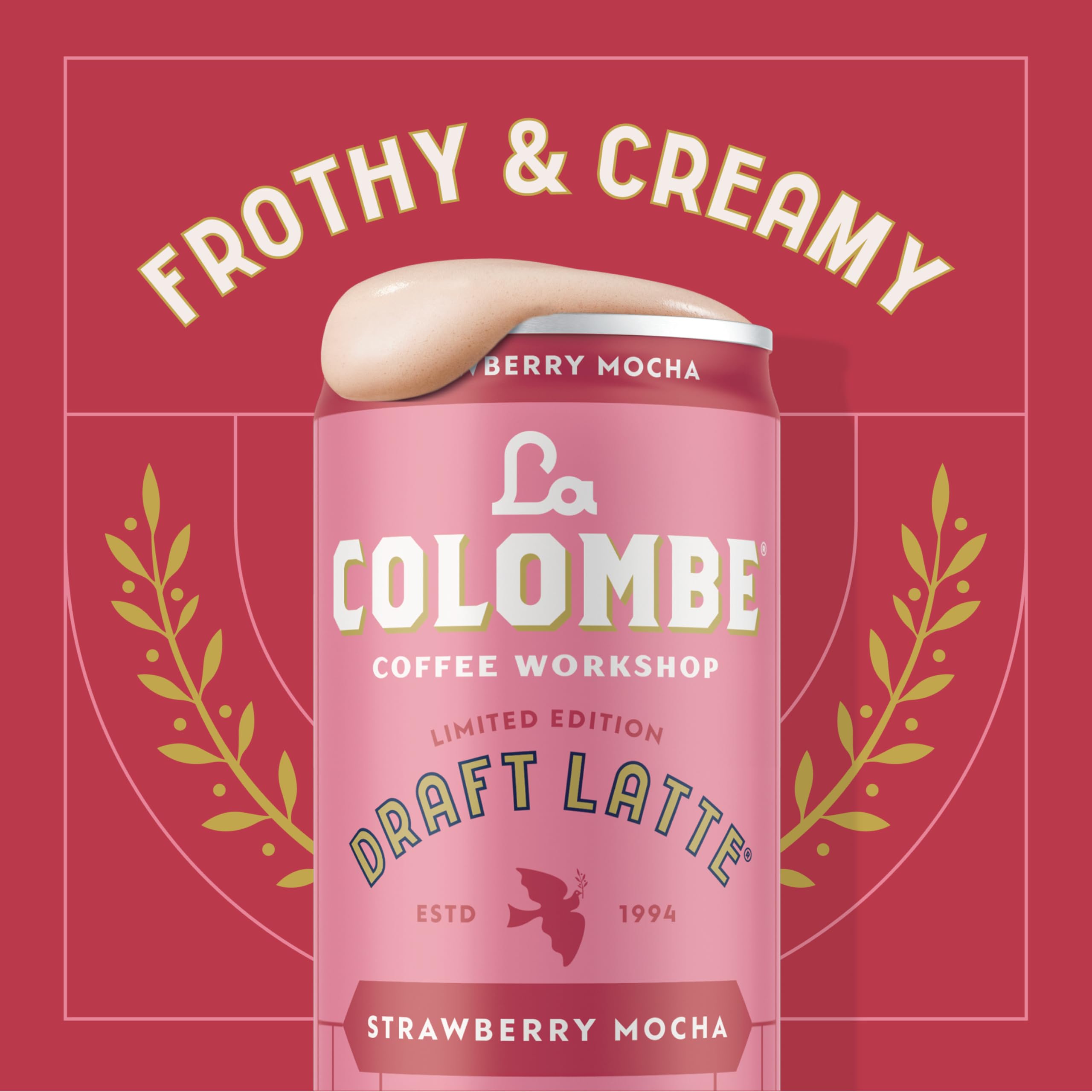 Packaging shot of La Colombe Strawberry Mocha Draft Latte four-pack