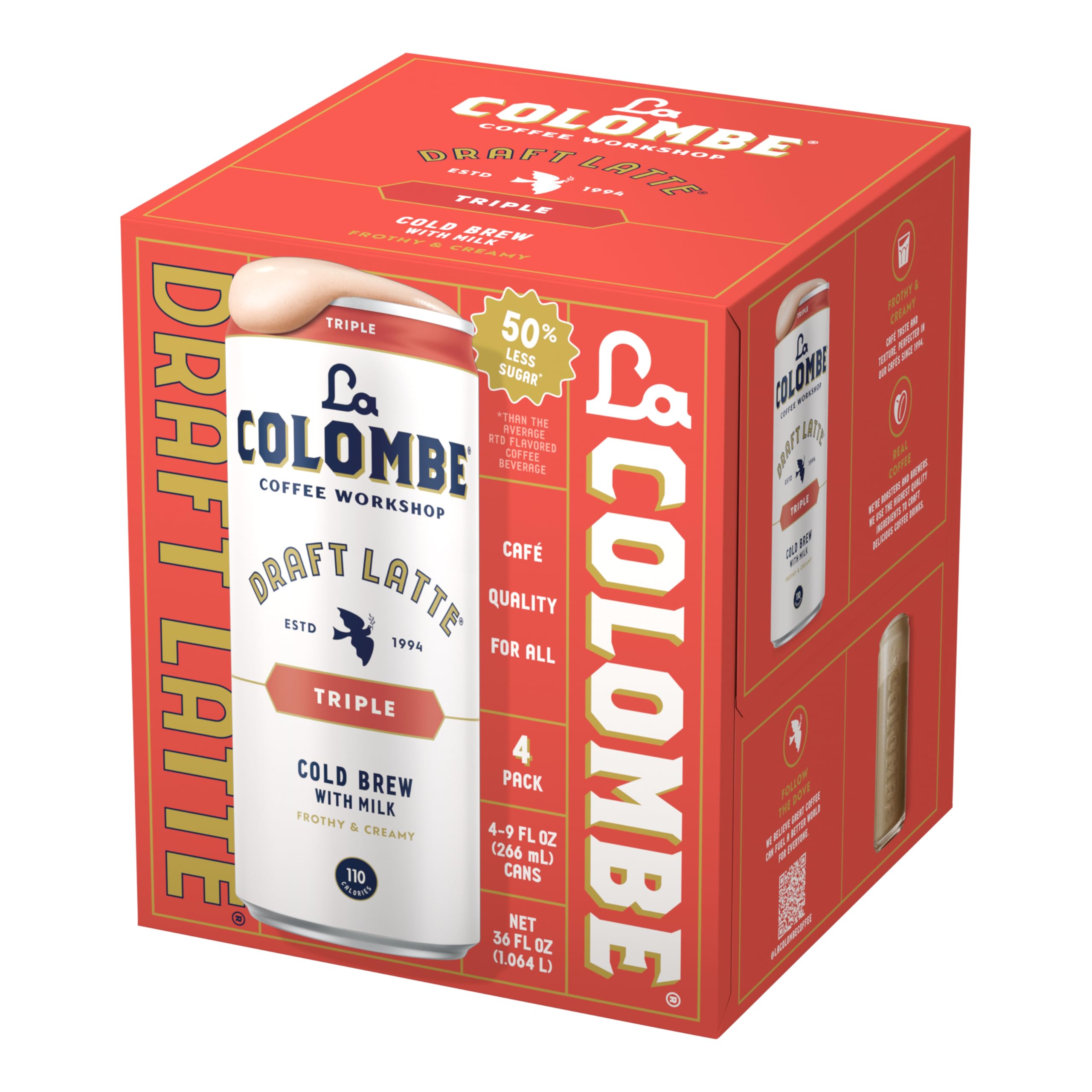 La Colombe Triple Draft Latte lactose-free milk shot emphasizes an allergen-friendly option.