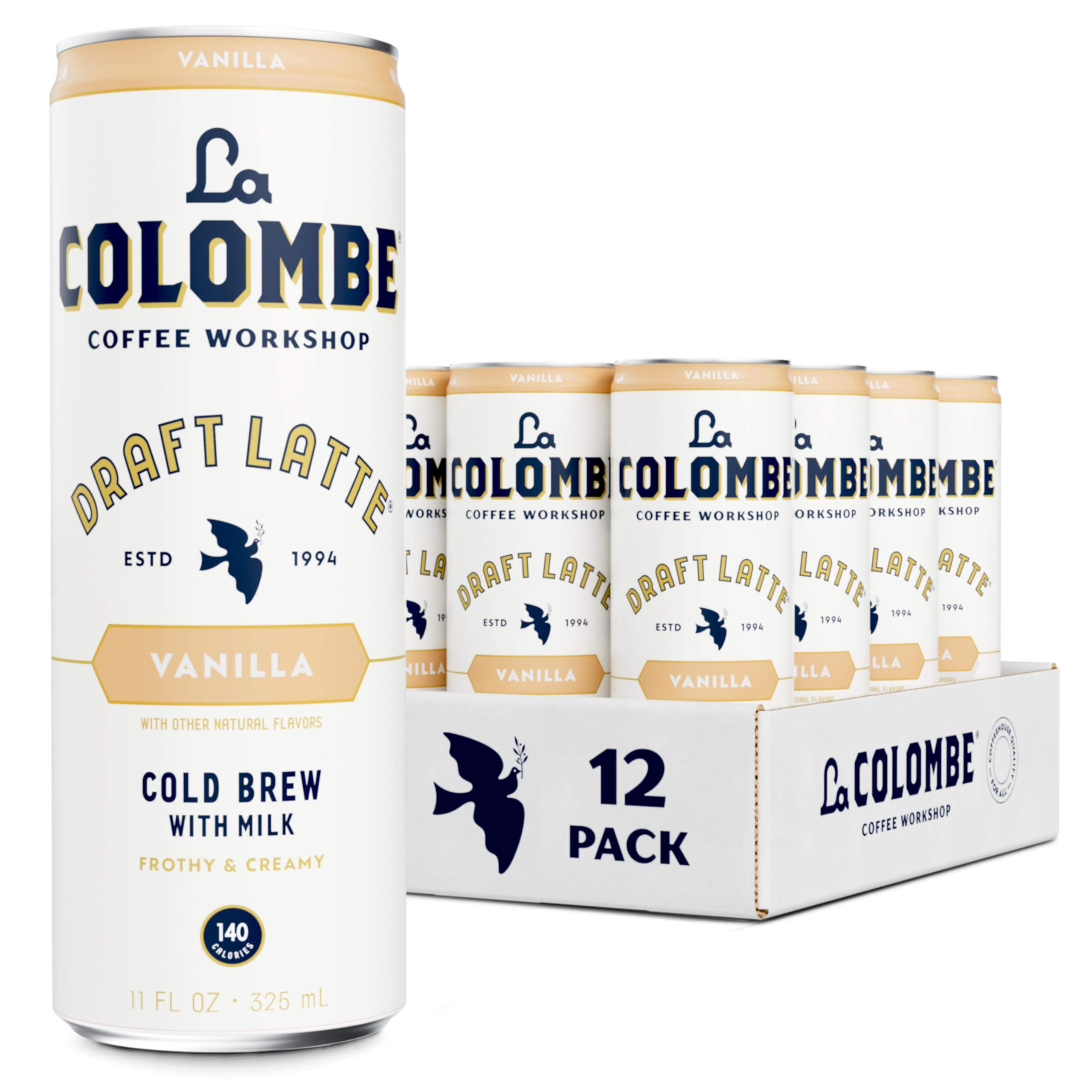 La Colombe Vanilla Draft Latte can with creamy froth for on-the-go energy