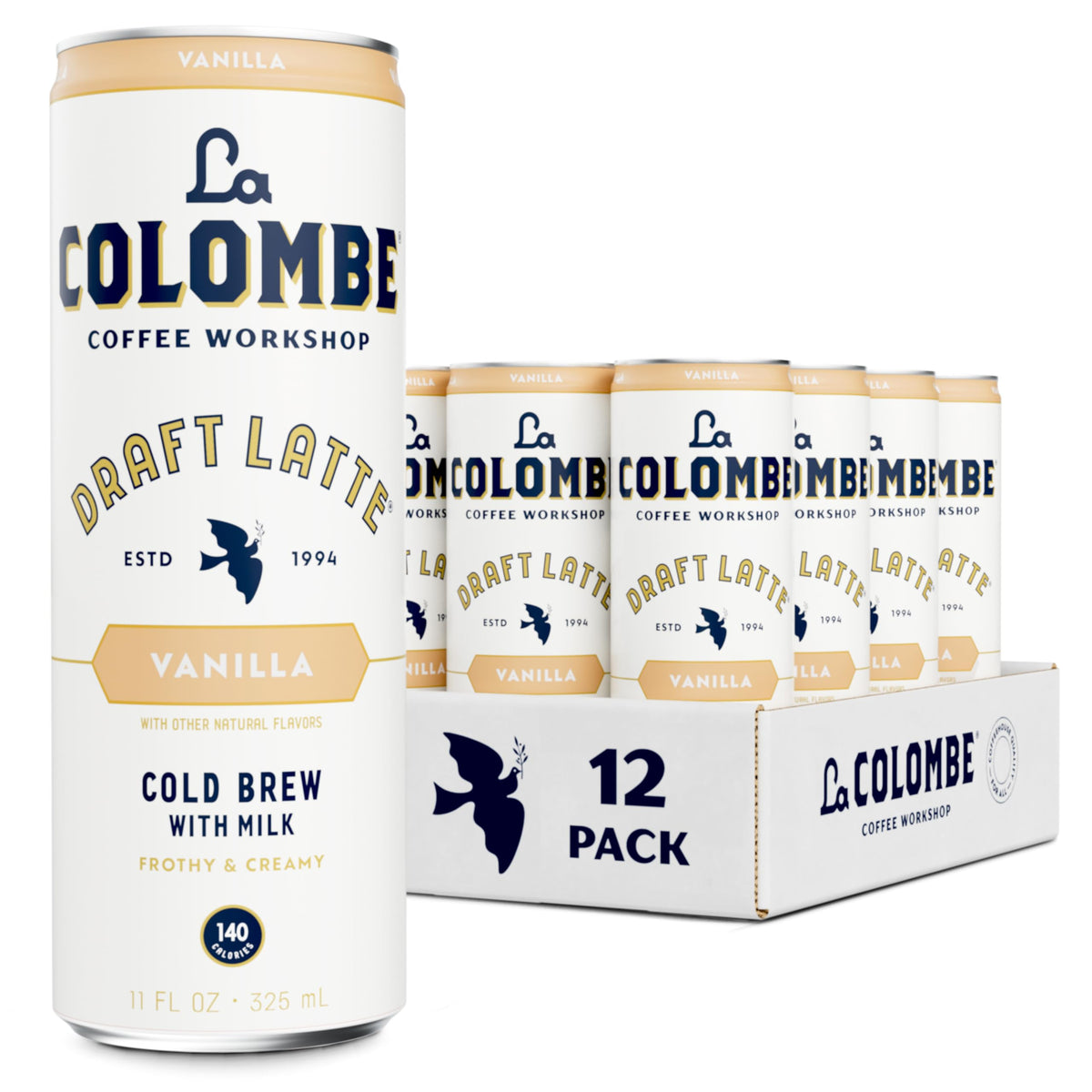 La Colombe Vanilla Draft Latte can with creamy froth for on-the-go energy