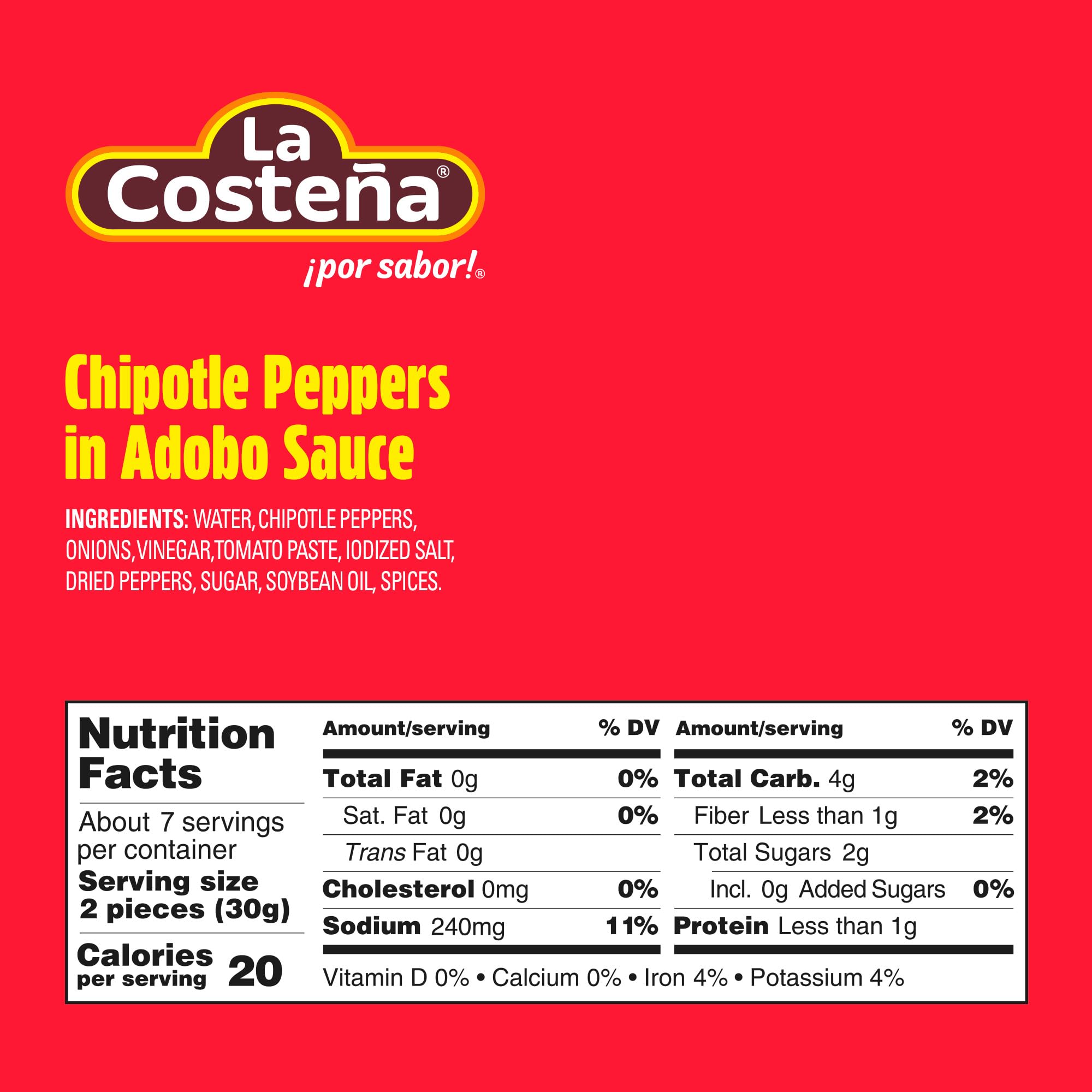 La Costeña chipotle peppers in adobo sauce close-up shows smoky color for marinades.
