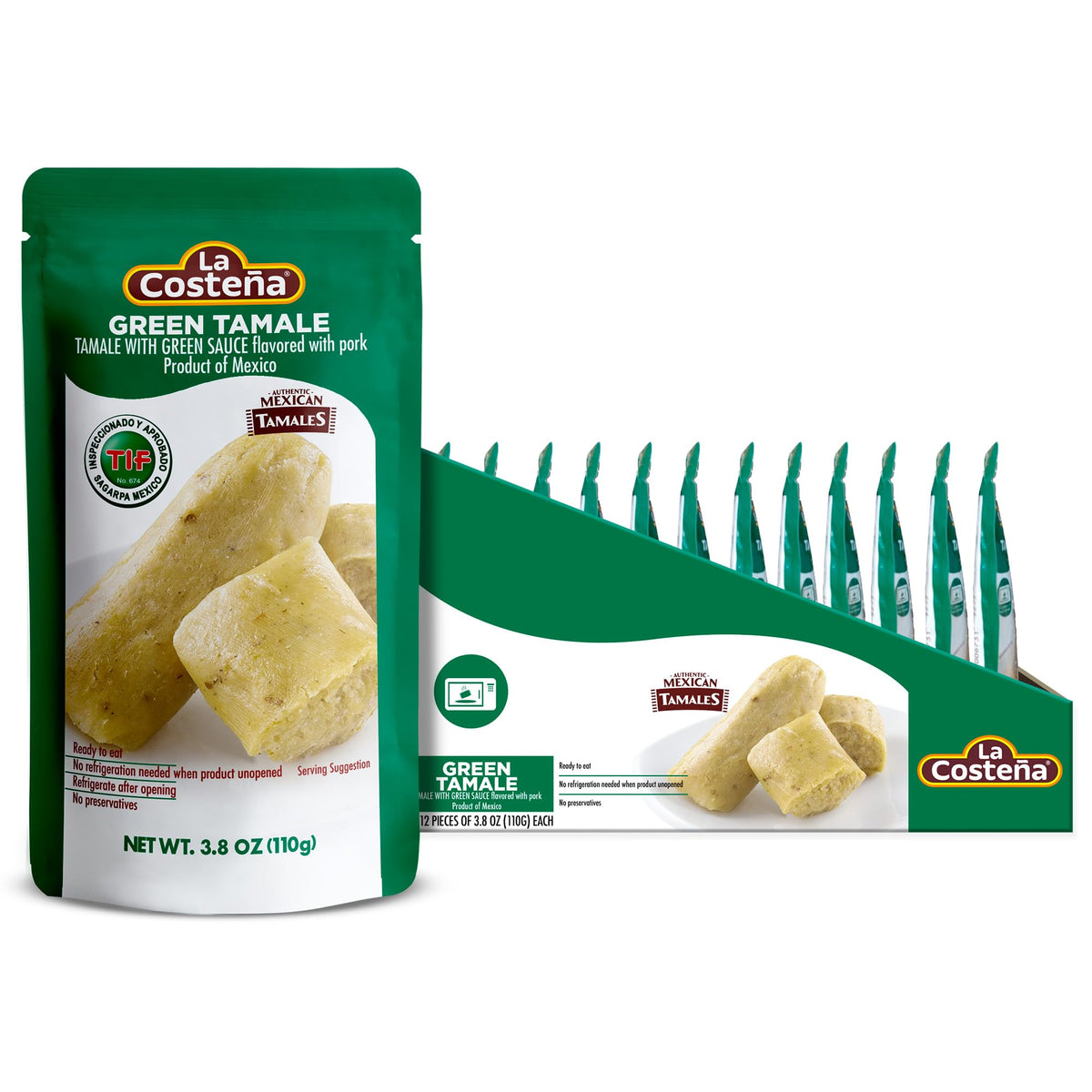 La Costena green tamales pork-packaging shows microwave-ready meal for quick lunches