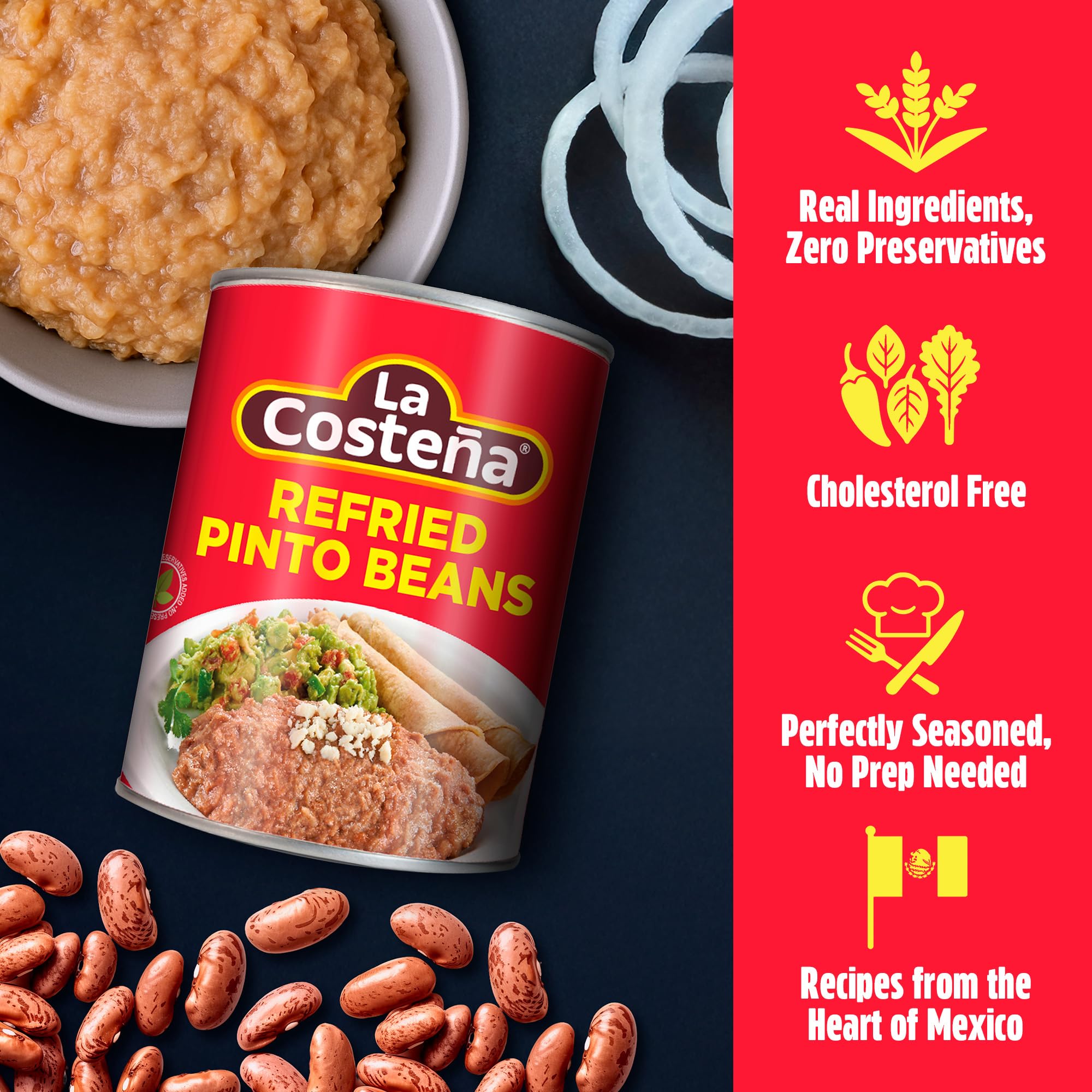 La Costeña refried pinto beans used as burrito filling