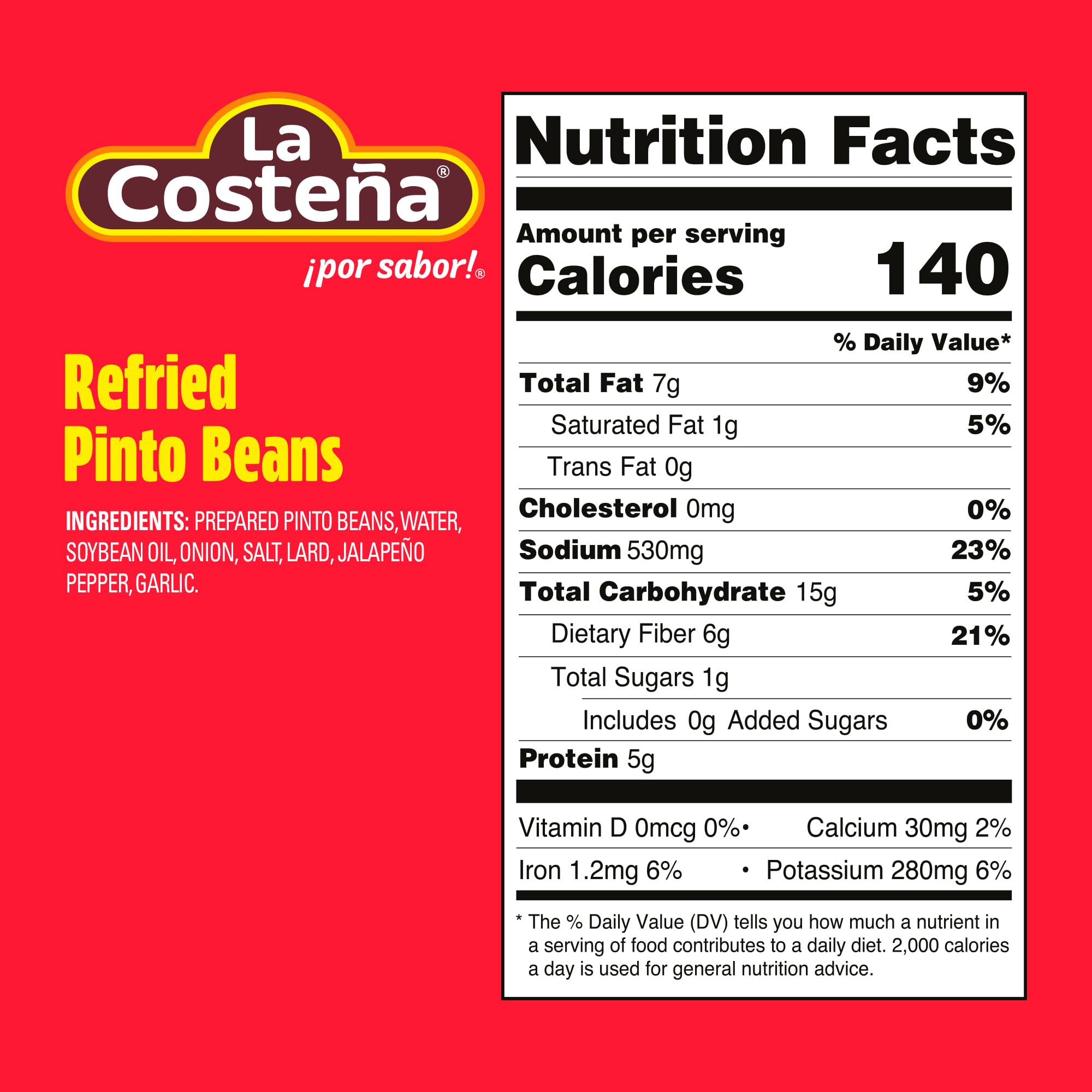La Costeña refried pinto beans opened with pull-tab, heat and serve