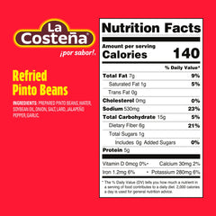 La Costeña refried pinto beans opened with pull-tab, heat and serve