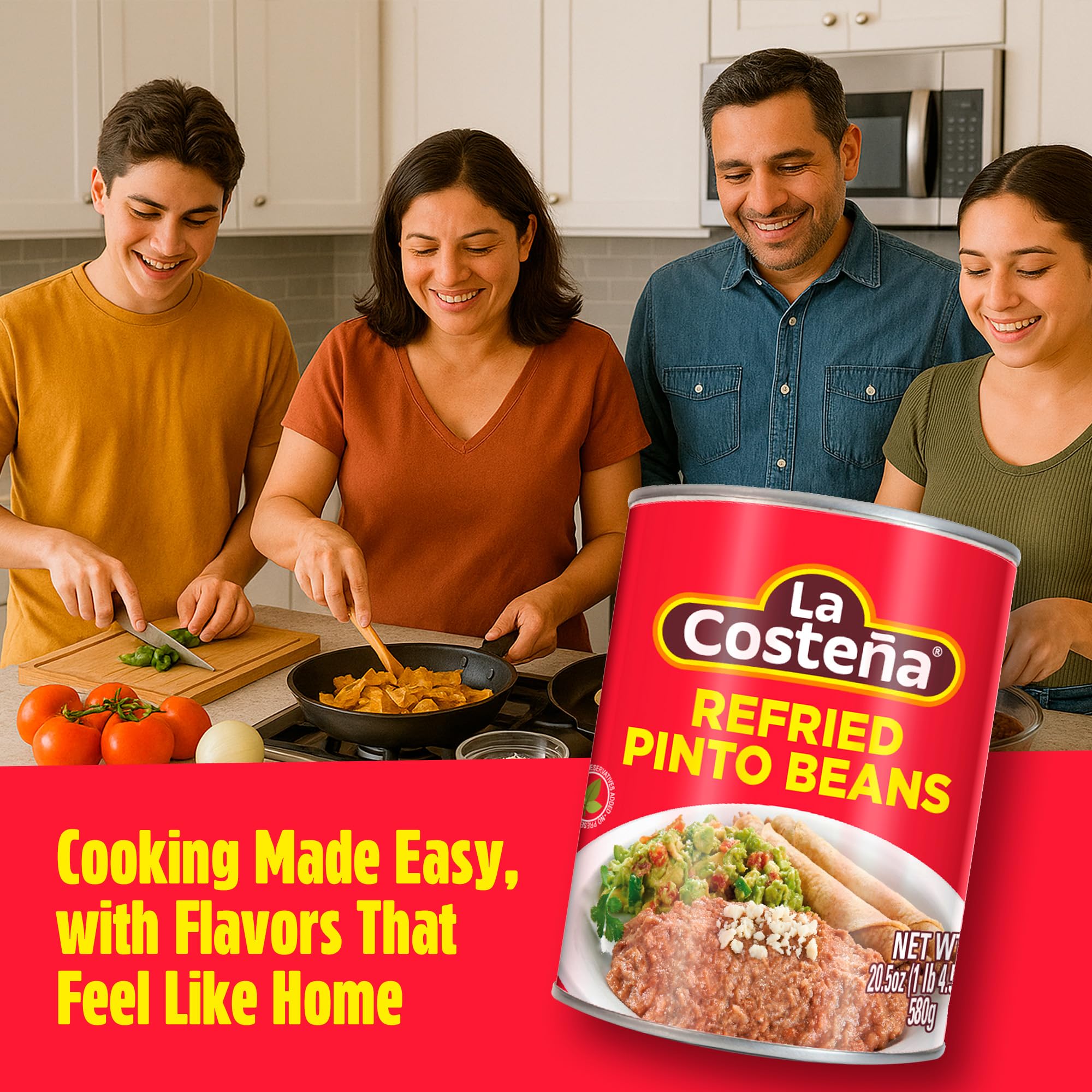 La Costeña refried pinto beans served with tacos for a satisfying meal