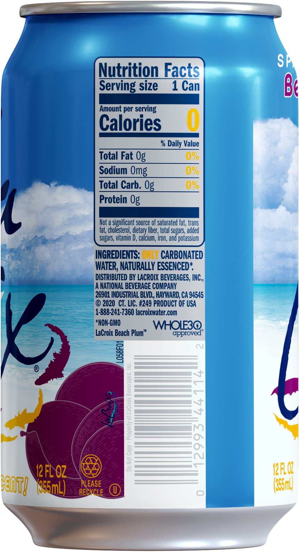 La Croix Beach Plum can at an angle, vibrant color and aroma for quick refreshment