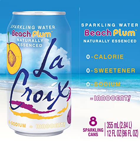 La Croix Beach Plum pack of eight cans, convenient and recyclable packaging