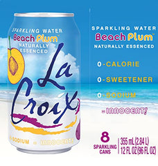 La Croix Beach Plum pack of eight cans, convenient and recyclable packaging