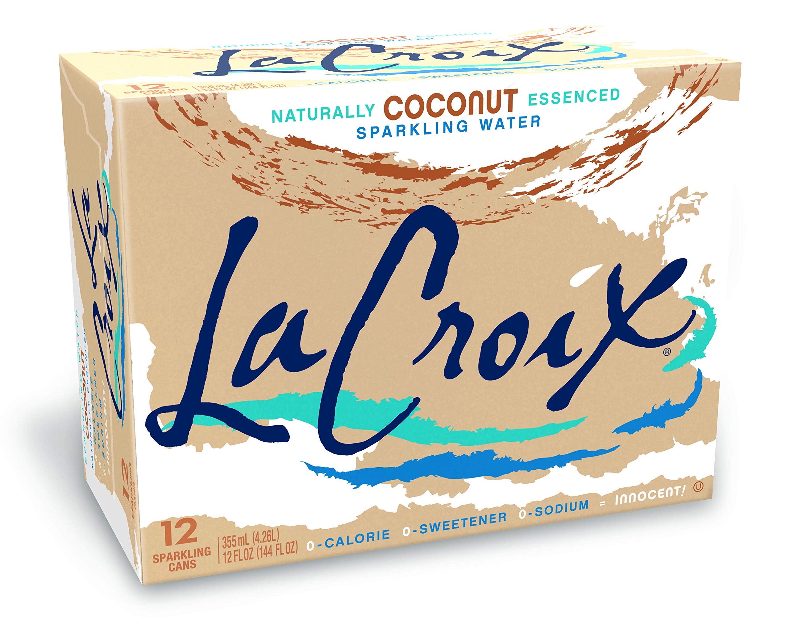 La Croix Coconut bottle pouring, showcasing refreshing zero-calorie flavor.