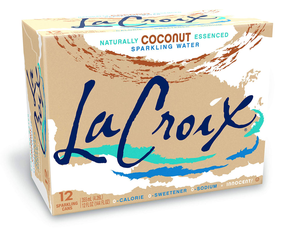 La Croix Coconut bottle pouring, showcasing refreshing zero-calorie flavor.