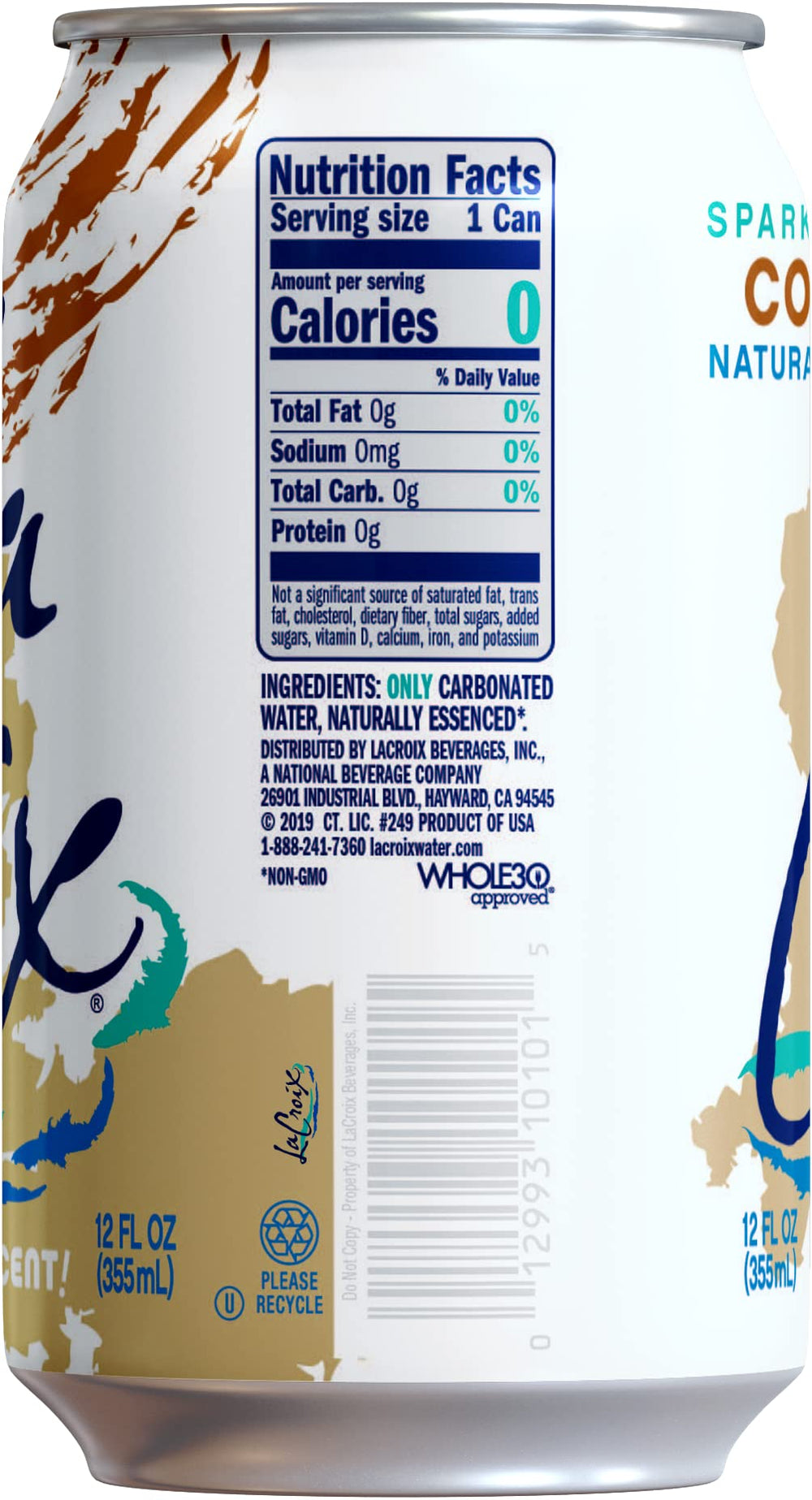 La Croix Coconut can close-up, crisp aroma from natural essences.